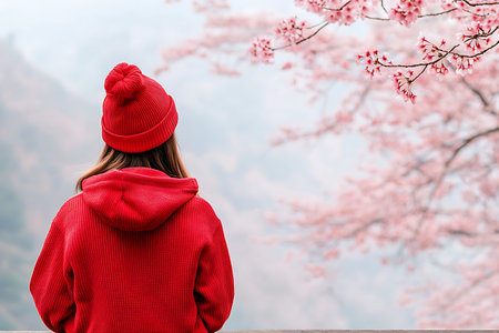 A young woman in a vibrant red hoodie and beanie gazes at the serene cherry blossom landscape,...
