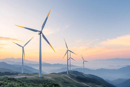 A stunning view of wind turbines silhouetted against a colorful sunrise, set in a tranquil landscape with rolling hills and distant mountains, showcasing renewable energy.の写真素材