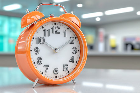 A vibrant orange alarm clock sits elegantly on a table, showcasing its clear face and cheerful...