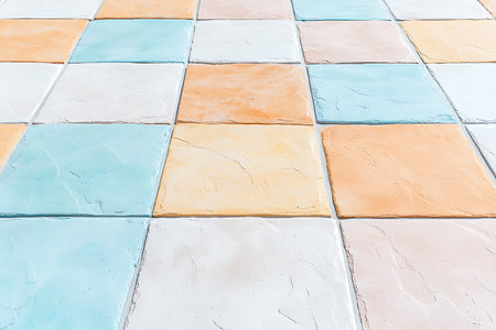 Vibrant and colorful decorative tiles create a beautiful outdoor surface, enhancing any home or garden. Perfect for stylish design concepts and renovations.の写真素材