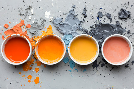 A visually appealing arrangement of paint bowls featuring vibrant colors on a gray surface, perfect for artistic projects and creative inspirations.の写真素材