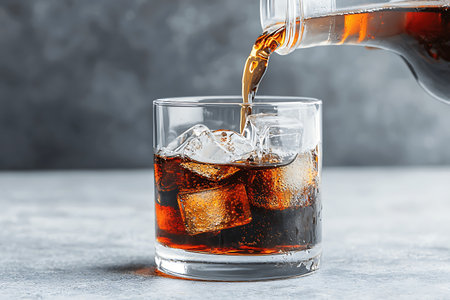 A delicious cold beverage with ice cubes is poured from a glass jar into a clear glass on a gray surface, showcasing a refreshing drink perfect for any occasion.の写真素材