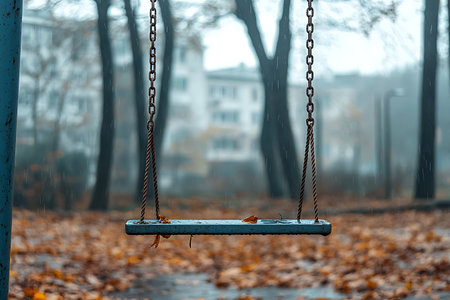 An empty swing hangs silently in a park during a rainy autumn day, surrounded by colorful fallen leaves and misty scenery. Perfect for evoking nostalgia.の写真素材