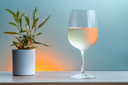 A beautiful glass of white wine sits elegantly beside a lush green plant, creating a serene atmosphere. The soft blue and orange background enhances the stylish aesthetic, perfect for any dining setting.の写真素材