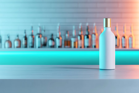 A stunning white bottle with a gold cap sits elegantly on a modern bar counter, showcasing vibrant backlighting and glass bottles, perfect for a stylish setting.の写真素材