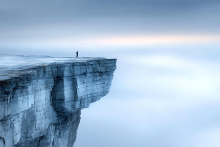A solitary figure stands at the edge of a misty cliff, gazing into an expansive foggy landscape. This serene scene captures the essence of tranquility and adventure.の写真素材