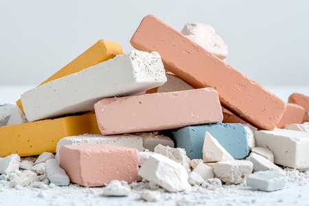 A vibrant assortment of colorful chalk pieces and fragments strewn across a light background, perfect for artistic projects and educational purposes.の写真素材