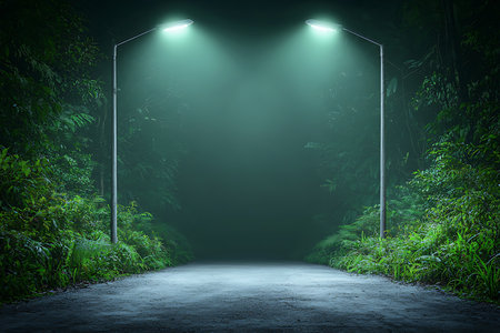 A tranquil forest pathway illuminated by dim street lamps creates an eerie nighttime atmosphere. Mysterious fog envelops the scene, inviting exploration.の写真素材