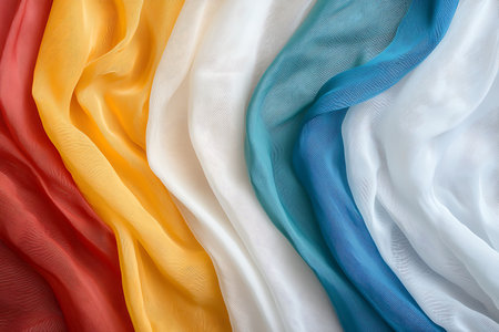 This image showcases an array of colorful silk fabrics in soft drapes, highlighting their smooth texture and vibrant hues. Perfect for design inspiration.の写真素材