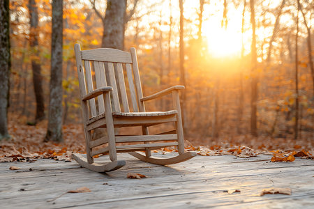 A wooden rocking chair sits on a deck surrounded by vibrant autumn foliage during a warm sunset. This serene scene evokes feelings of relaxation and tranquility.の写真素材