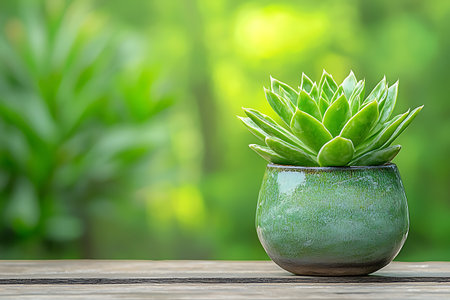 A stunning image of a green succulent plant in a stylish ceramic pot atop a wooden table, set against a lush natural background, perfect for home decor inspiration.の写真素材