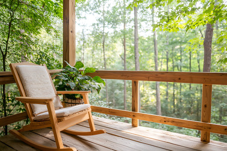 This image showcases a cozy rocking chair on a wooden porch, embraced by lush green trees. Ideal for evoking feelings of relaxation and tranquility in nature.の写真素材