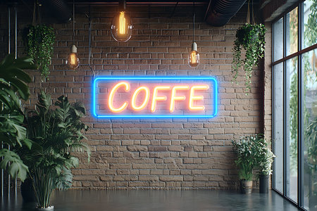 A vibrant neon coffee sign illuminates a modern cafe interior, complemented by lush greenery and warm lighting. Ideal for cozy moments.の写真素材