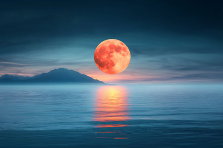 A stunning bright full moon casts a golden reflection on tranquil ocean waters, surrounded by distant mountains under a dark, serene sky. Perfect for nature lovers.の写真素材
