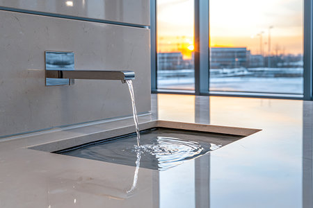 A sleek modern bathroom sink displays a gentle flow of water as sunlight streams through large windows, creating a serene atmosphere perfect for relaxation.の写真素材