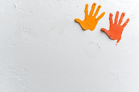 Bright orange and yellow handprints decorate a textured white background, creating an artistic and playful feel. Perfect for creative projects.の写真素材