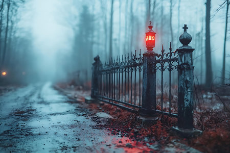A misty forest path is illuminated by a vintage lantern, surrounded by an ornate metal fence, creating an eerie yet tranquil atmosphere.の写真素材