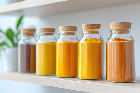 A vibrant display of colorful spices in glass jars arranged neatly on a wooden shelf, complemented by a green plant, enhancing a clean and modern kitchen aesthetic.の写真素材