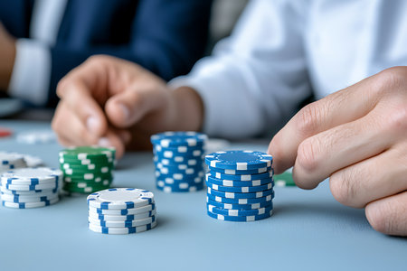 A close-up view captures poker chips in various colors as players strategize during an intense gambling session at a casino table.の写真素材