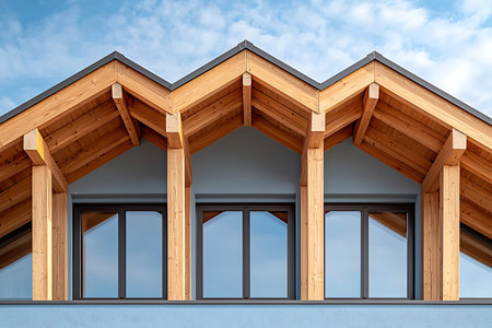 Explore a stunning modern architecture featuring a wooden roof and large windows against a bright...