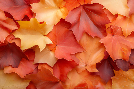 A collection of vibrant red, orange, and yellow autumn leaves creates a stunning natural background,...