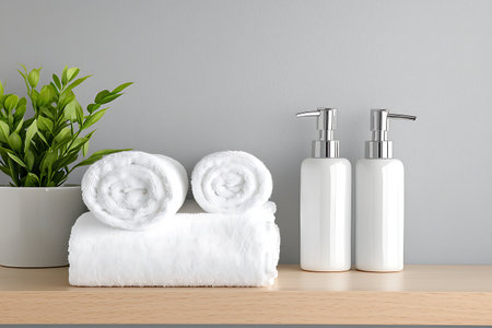 A serene bathroom scene featuring neatly rolled white towels, elegant soap bottles, and a vibrant green plant. Ideal for wellness and home decor themes.の写真素材