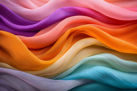 Elegant photograph showcasing colorful silk fabric in soft flowing waves. Vibrant shades create a smooth, artistic background perfect for design projects.の写真素材