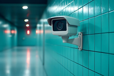 A modern indoor security camera is mounted on a vibrant turquoise tiled wall in a sleek corridor,...