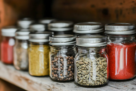 A collection of colorful glass jars filled with different spices on a rustic wooden shelf. This...