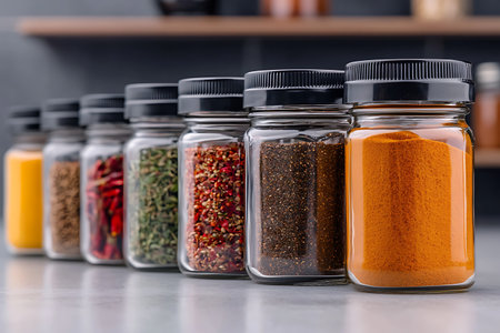 A vibrant assortment of colorful spices and herbs stored in glass jars, neatly arranged on a wooden shelf, perfect for culinary creations and food photography.の写真素材