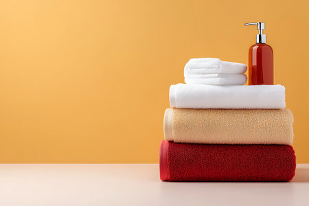 This image showcases a neat stack of towels accompanied by a pump bottle against a warm orange backdrop, ideal for spa or bathroom decor inspiration.の写真素材