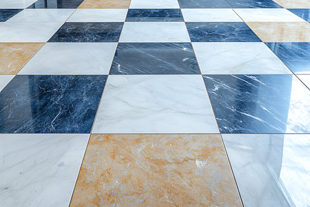 A stunning checkerboard floor featuring a mix of glossy black, white, and gold marble tiles. This elegant design adds a touch of luxury to any space.の写真素材