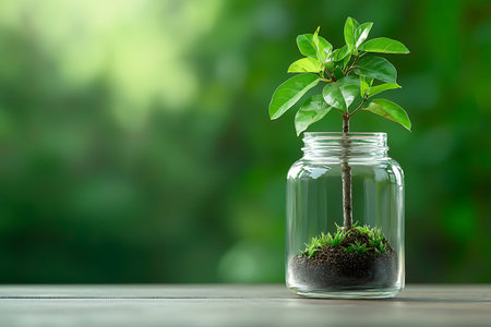 A delicate green plant grows in a clear jar filled with soil and grass, symbolizing renewal and...
