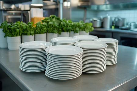 Stacked white plates are arranged neatly on a kitchen countertop, providing a clean and organized...