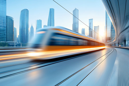 A sleek train moves swiftly through a modern urban landscape at sunrise, showcasing the blend of...