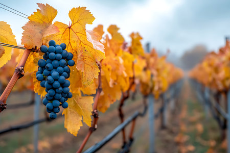 A stunning scene of vibrant grapes nestled among yellowing leaves in a peaceful vineyard under autumn fog, showcasing nature's beauty.の写真素材
