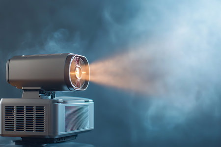 A vintage projector shines brightly through swirling smoke, creating a captivating atmosphere for film enthusiasts and creatives alike. Perfect for artistic projects.の写真素材