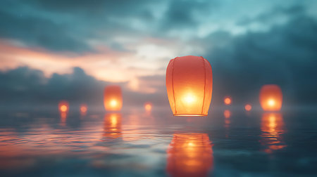 Ethereal floating lanterns cast a gentle glow on tranquil waters at twilight, reflecting serenity in a beautiful evening landscape. Perfect for themes of peace and celebration.の写真素材