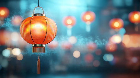This stunning image showcases an elegant red lantern hanging gracefully, creating a gorgeous...