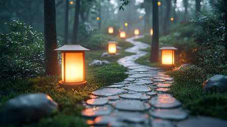 A captivating view of a serene garden pathway lined with glowing lanterns, surrounded by lush greenery. This enchanting scene invites exploration and tranquility.の写真素材
