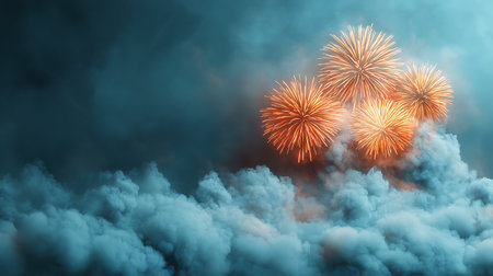 A captivating fireworks display lights up the night sky, creating a vibrant scene filled with colorful bursts surrounded by fluffy clouds. Perfect for celebrations.の写真素材
