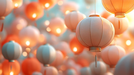 A mesmerizing display of hanging lanterns casting a soft, warm glow in an enchanting festival atmosphere. Perfect for cultural, celebration, or event themes.の写真素材