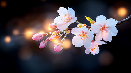 Enjoy the beauty of cherry blossom flowers in a soft bokeh background that captures the essence of...