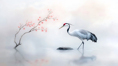 A stunning image showcasing an elegant crane standing in tranquil waters with a delicate cherry blossom tree, creating a serene and mystical ambiance.の写真素材
