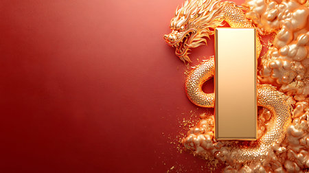 Captivating artwork featuring a detailed golden dragon intertwined with a shimmering gold bar on a...