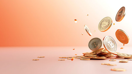 A striking composition featuring falling bitcoin coins against a smooth gradient background. The...