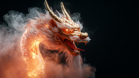 Experience the awe of a majestic dragon captured in glowing detail, surrounded by swirling smoke. This mythical creature embodies power and imagination in a breathtaking visual display.の写真素材