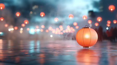 A serene evening setting featuring glowing red lanterns that illuminate a misty backdrop. This...