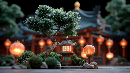 A tranquil Japanese garden featuring a beautiful bonsai tree and glowing lanterns, perfect for evoking serenity and cultural elegance in design.の写真素材