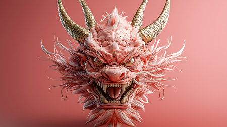 A fierce dragon head showcases intricate textures and sharp horns against a vibrant red background. Perfect for artistic and design projects.の写真素材
